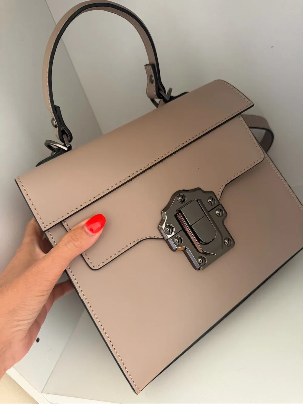 Top-Handle Nude Taupe Leather Satchel top handle stylish work bag.